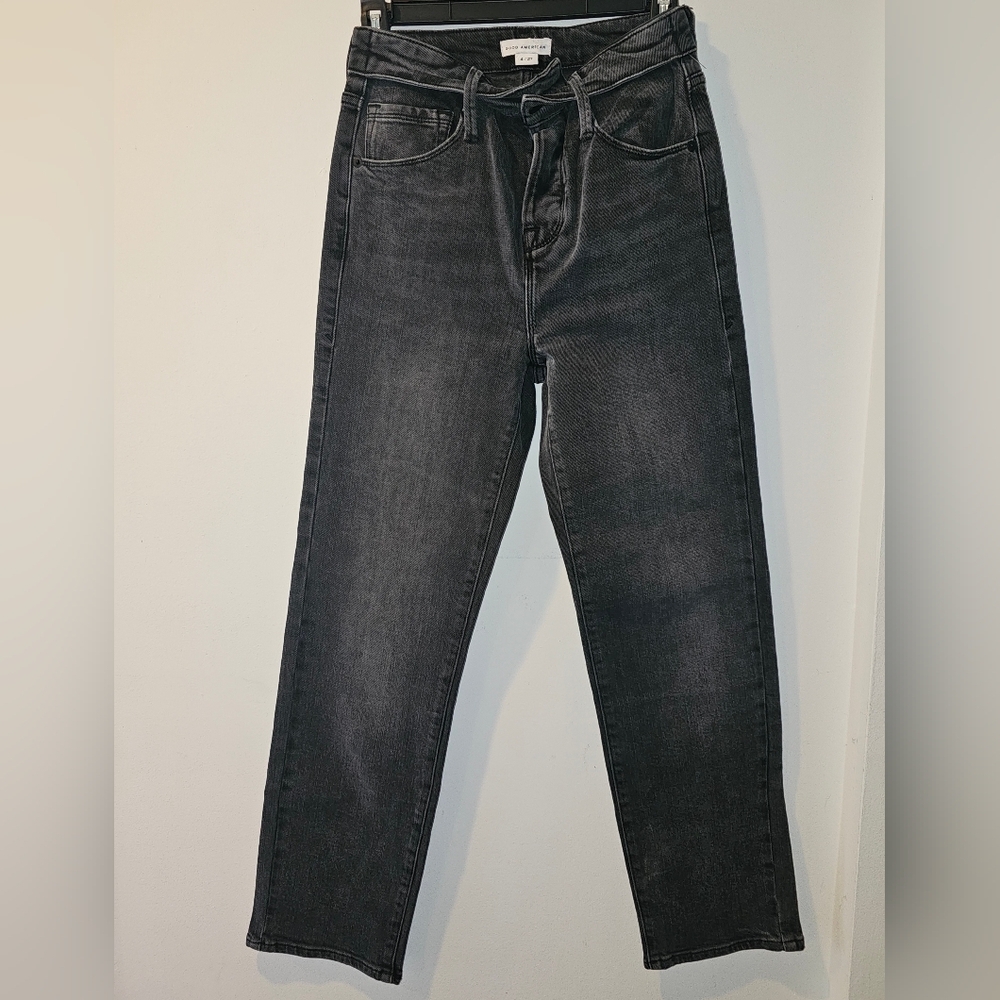 Good American Black Wash Straight Jeans Size 4 / 27 High Rise Denim - Picture 1 of 7